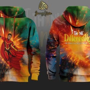 A colorful hoodie with a picture of a man in the middle.