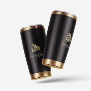 Two black and gold cups with a logo on them