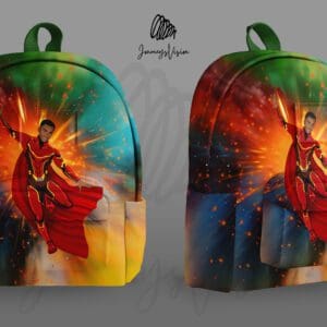 A backpack with an image of a man in the middle of fire.