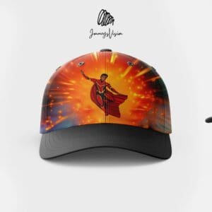 A black hat with a picture of superman on it