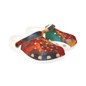 A pair of colorful shoes on top of green background.