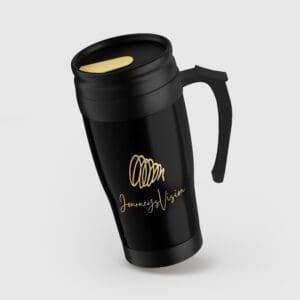 A black travel mug with the name of oliver and the signature.