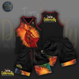 A black and red basketball uniform with a picture of a man on it.