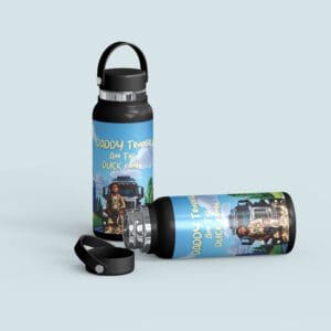 A water bottle with a picture of a city.