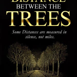 A dark, eerie path lined with bare trees under a black sky.