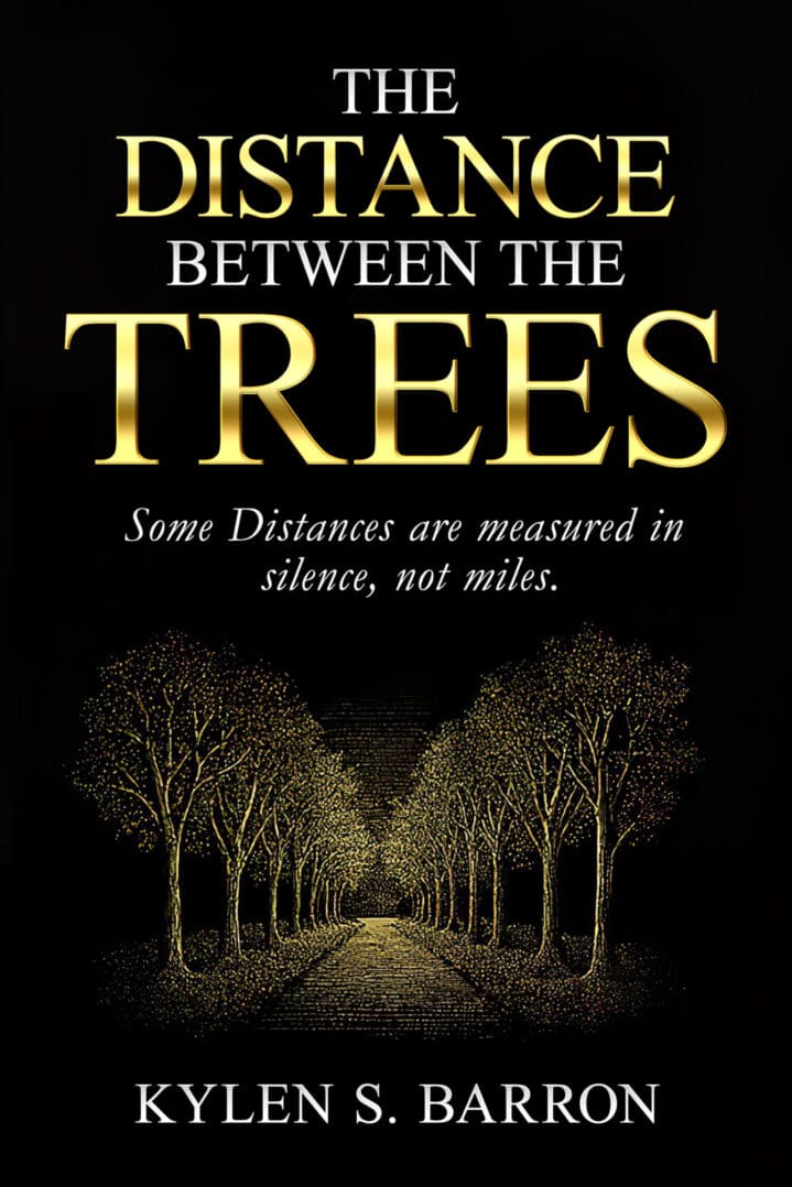 A dark, eerie path lined with bare trees under a black sky.